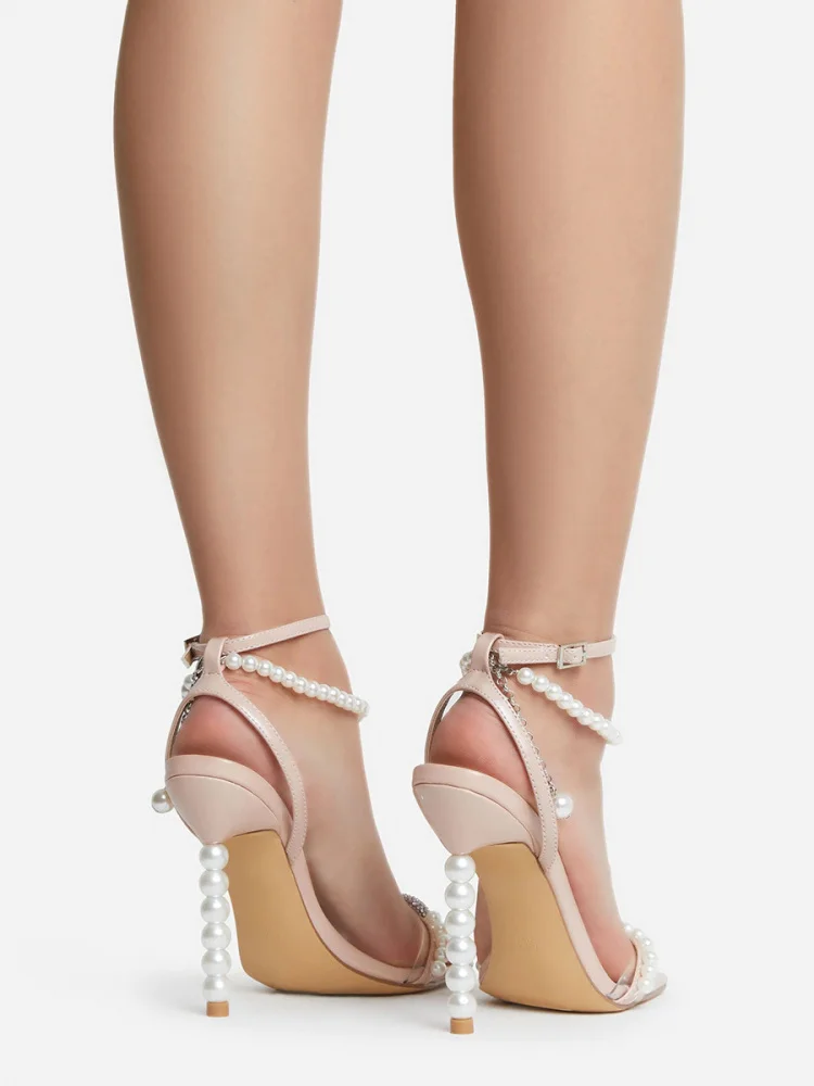 

Large Size Pearl Embellied Square Toe High Heels Women's oes Faionable Casual Sandals with Bule Closure for Sports