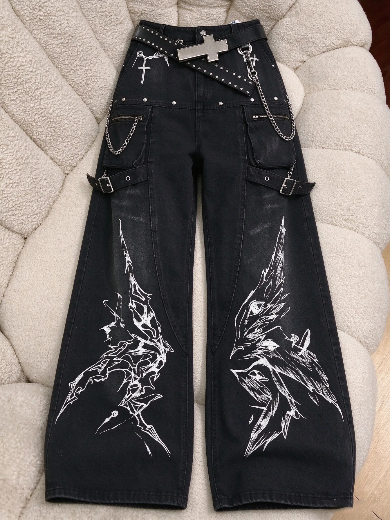 Unisex Jeans 2026 New Women Gothic Print Jeans Vintage Washed Deconstructed Wide Leg Trousers Clean Fit Unique Denim Pants