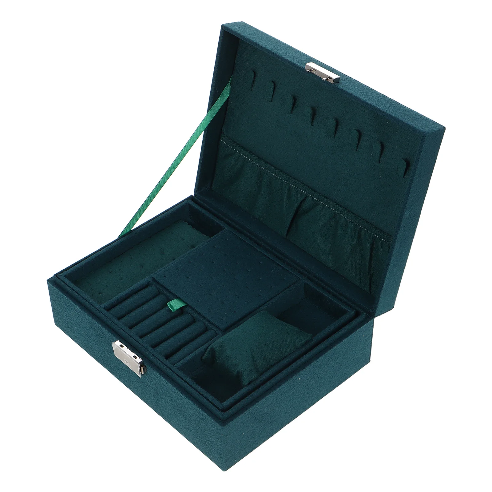 

Dark Green Jewelry Box Large Capacity Velvet Lining Lockable Double Layer Drawer ganizer Portable Travel Storage