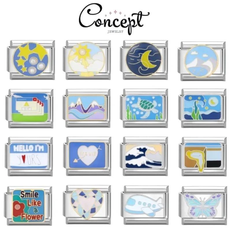 

2025 New Women Gift Blue Pattern Italian Charms Links Beads Fit 9mm Stainless Steel Modular Bracelet Making Jewelry