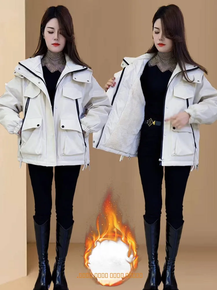 

Faionable Thiened Fce Lined Loose Women's Cotton Jaet Hooded Coat Korean Sle Commute Long Sve Zipper Closure