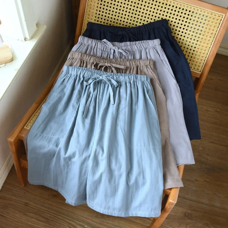 2026 New Summer Men's Shorts Made Of 100% Cotton Gauze, Thin Cut Five Quarter Length Pants, Oversized Loose Home Pants Bottoms