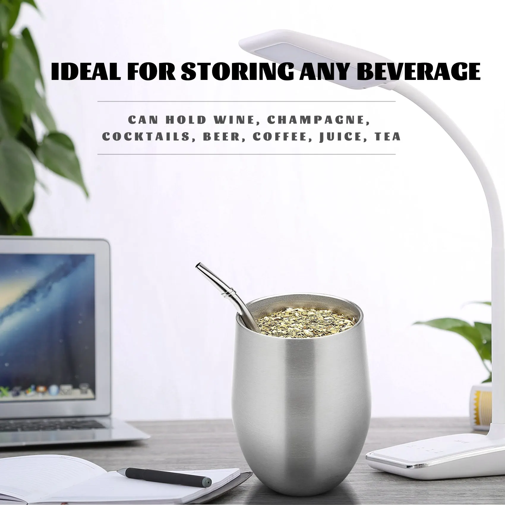 Yerba Mate Gourd Tea Cup Set 12Oz,Double-Wall Stainless Coffee Water Cup with Lid 2 Bombillas Straws Spoon&Brush,Silver