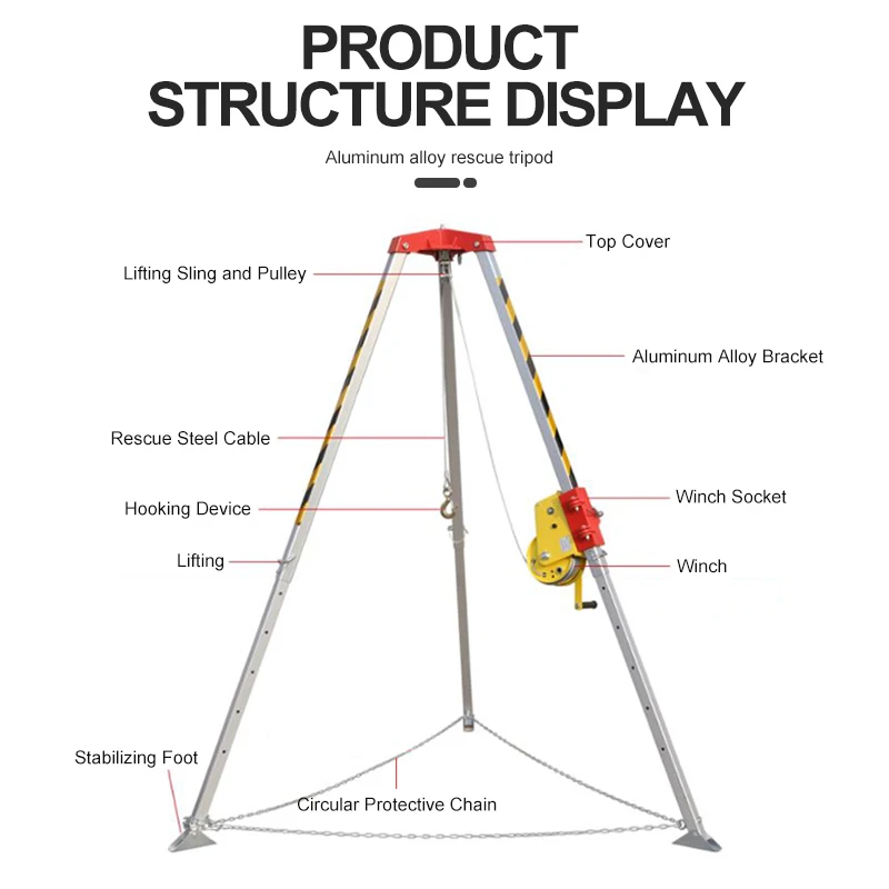 Large Head Type Aluminum Rescue Tripod 1800lbs Winch 200kg Loading with 30m Steel Wire for Confined Space Rescue System