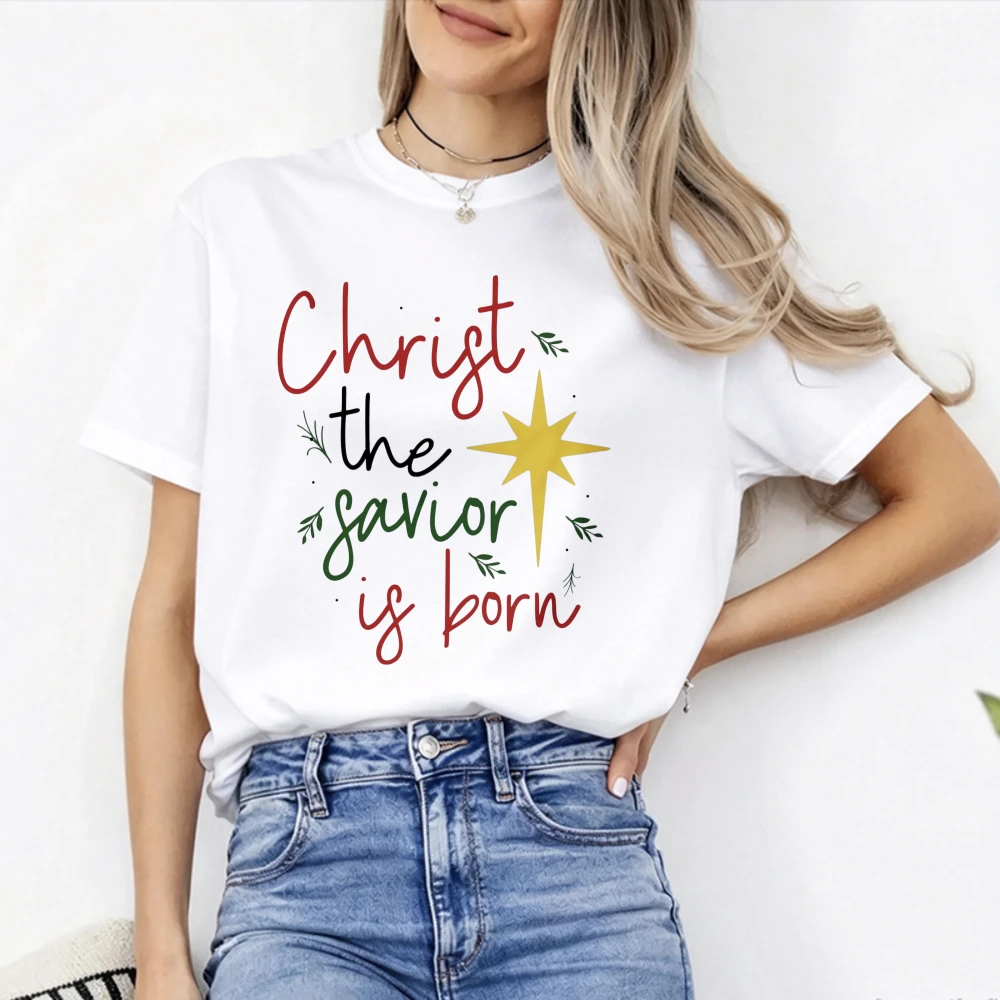 Christ The Savior Is Born Star Leaf Graphic T Shirt Christian Religious Christmas Faith Print  Inspirational Casual Cotton Tops