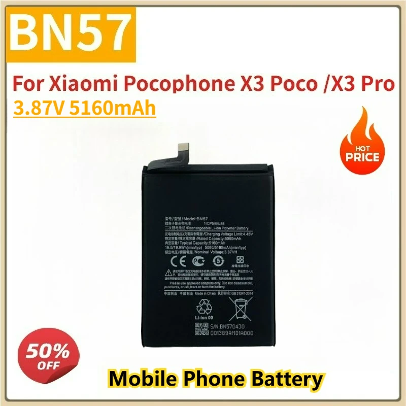

New Replacement Mobile Phone Battery 3.87V 5160mAh BN57 For Xiaomi Pocophone X3 Poco /X3 Pro