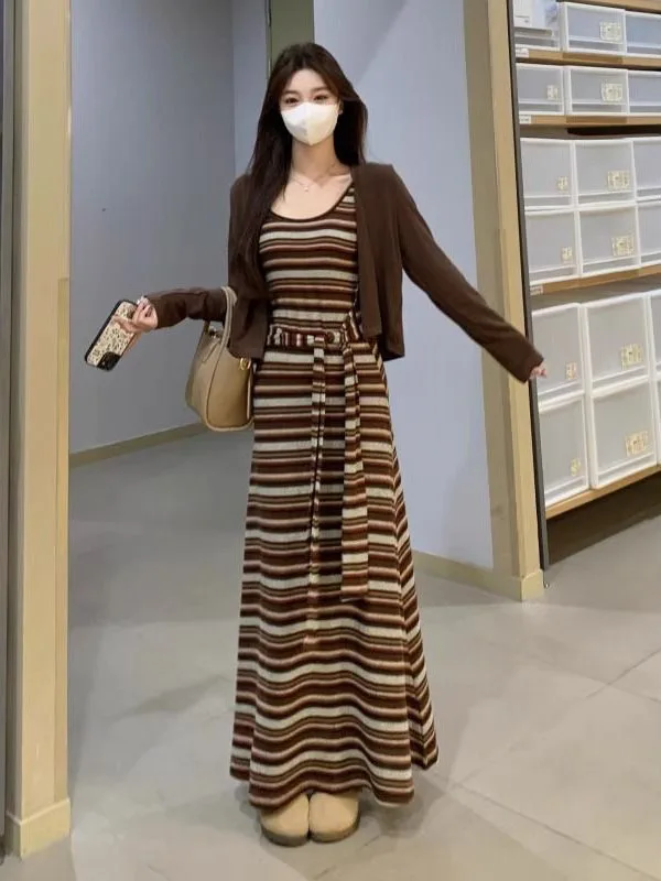 

Большие размеры 300, полосатый жилет с завязками на талии Dr, ранняя осень, новый Sle ter Dr, внешний комплект из двух предметов, модная женская мода