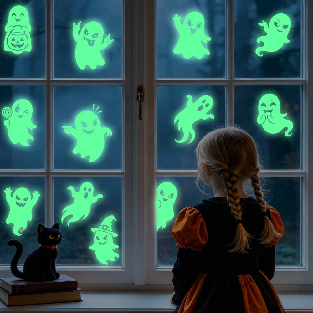 2 Sheet Fluorescent Halloween Luminous Wall Sticker PVC Ghost Pumpkin Eye Pattern Static-cling Stickers Green Light