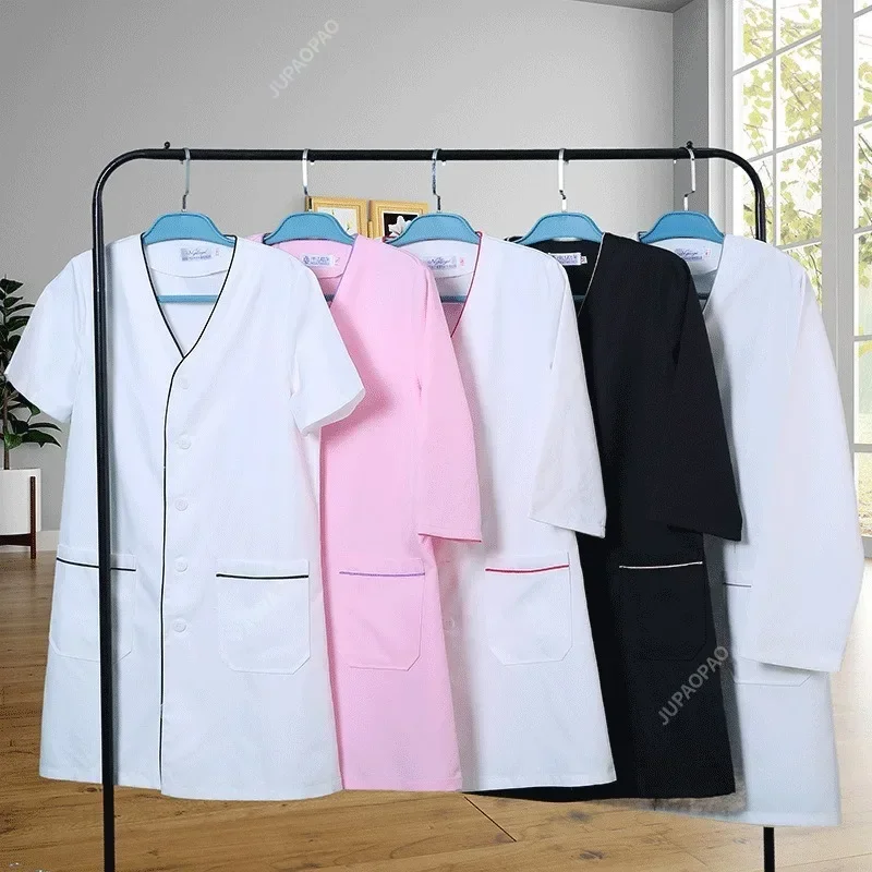 

New Short Beauty Uniform Dress Spa Uniform Scrub Uniform White Plus Size Salon Grooming Clothes Lab Coat Logo Beautician Tops