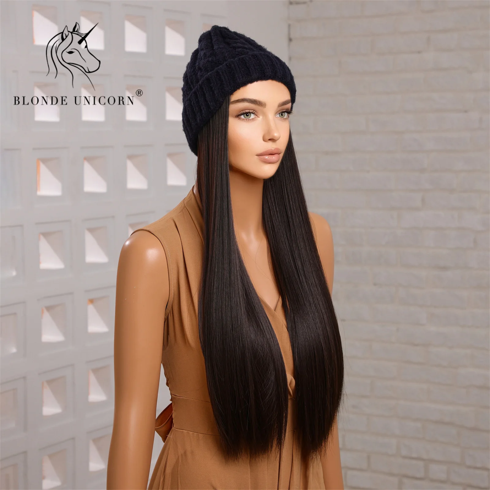 Blonde Unicorn Hat wigs Cap with Hair Hat Wig Natural Black Straight Connect Synthetic Hair Women Daily Party High Temperature