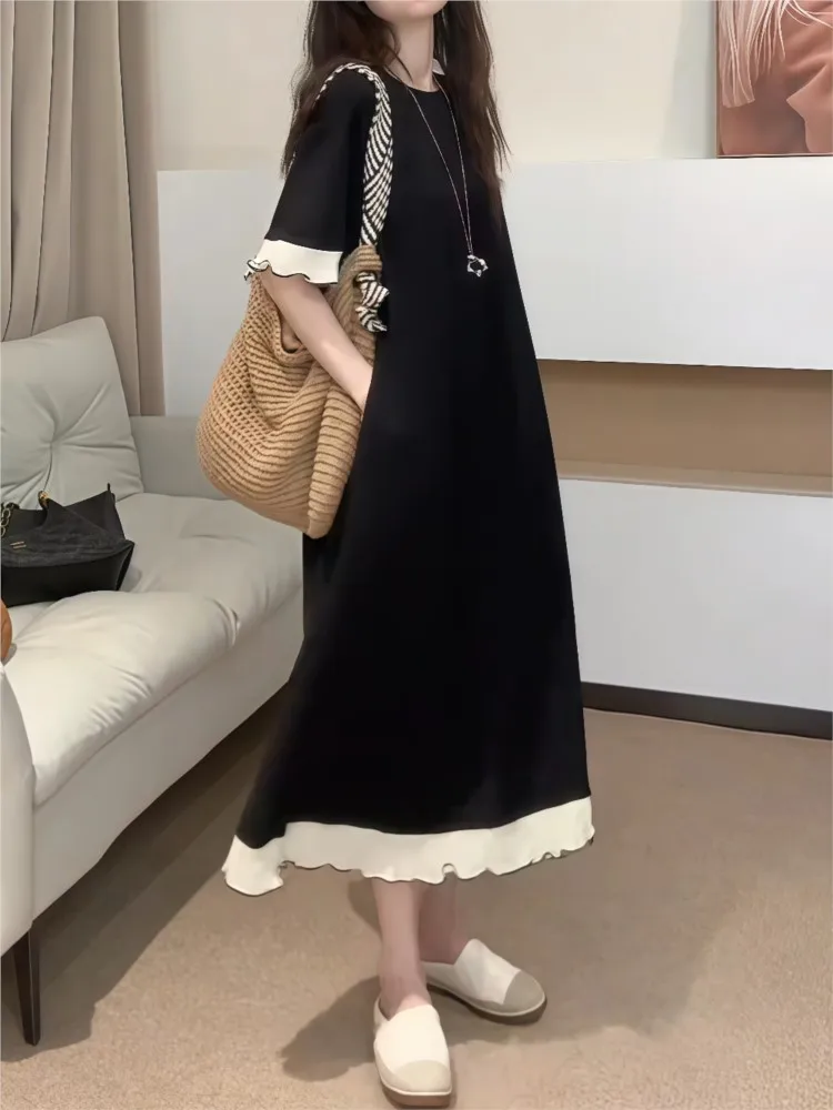 الصيف الدانتيل قميص فستان المرأة النمط الأوروبي الدانتيل الربط فستان فضفاض موضة كبيرة الحجم تي شيرت فستان المرأة