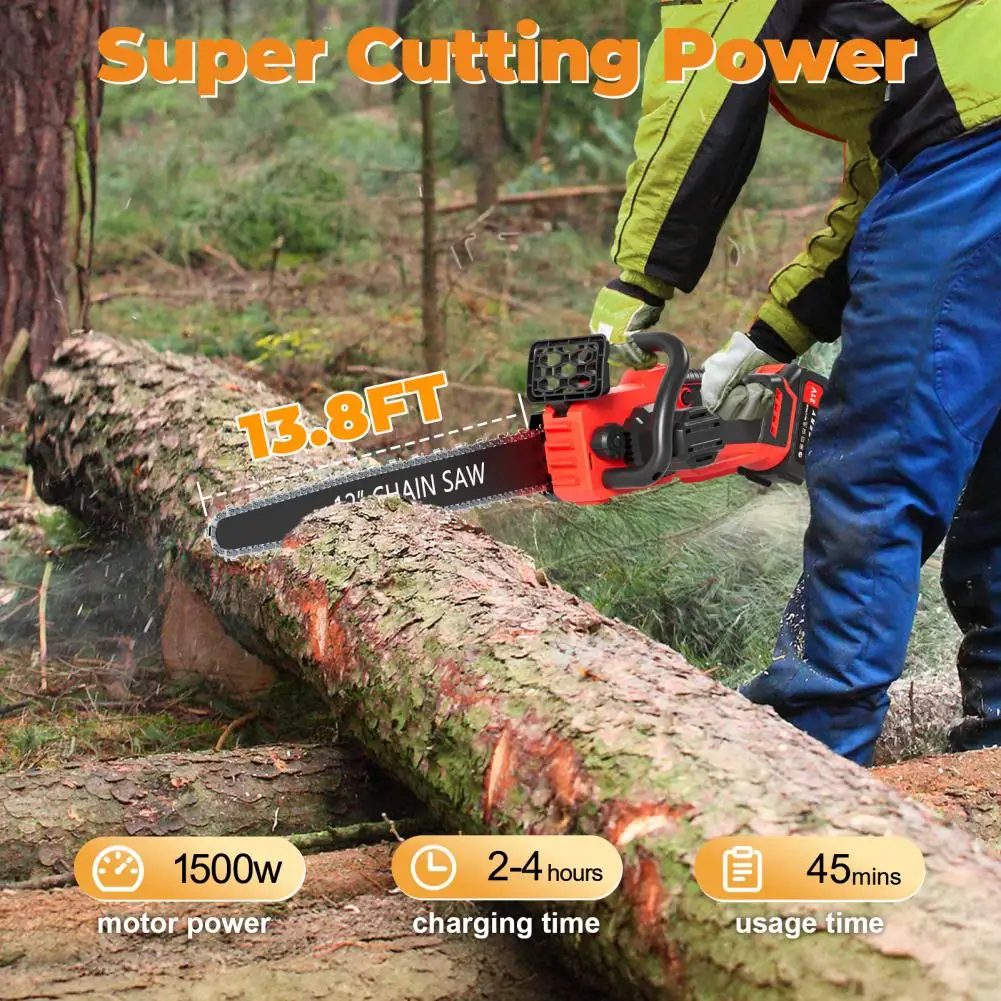 Electric Chainsaw with 2 Batteries, Charger, Lightweight Tree Trimming Wood Cutting Cordless Chain Saw, Mini Handheld Chain Saw