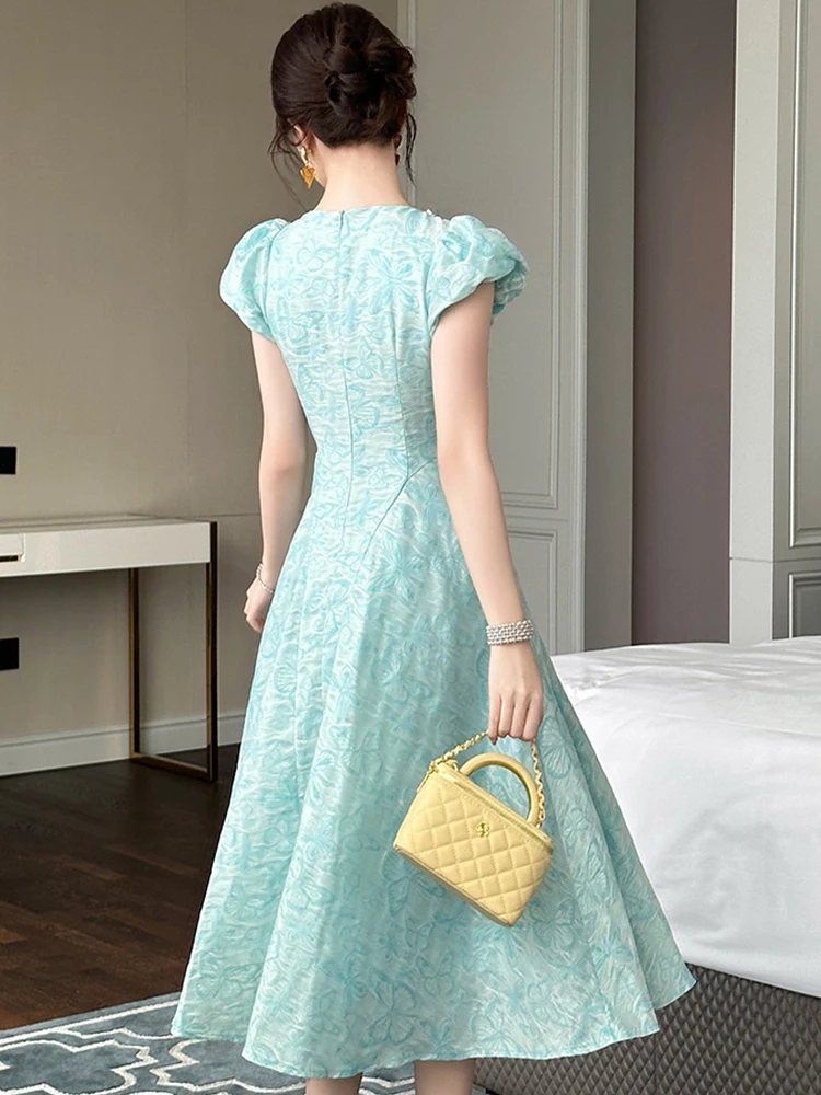 Frauen Kleidung Kleid Abend Süße Jacquard Kurzarm Korsett Schlank A-Line Lange Kleid Elegante Party Prom Vestidos Robe Sommer Neue