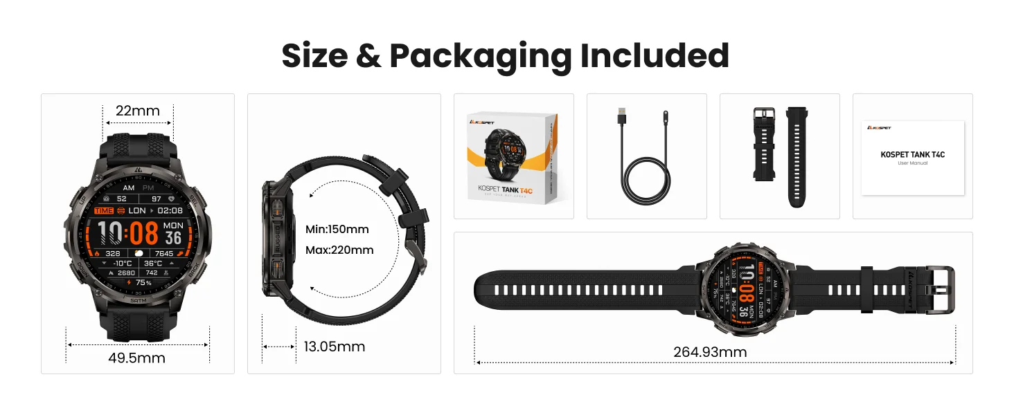 2026 KOSPET TANK T4C 5ATM Wasserdichte Smartwatch für Herren Robustes Militärdesign mit GPS Eingebaute Taschenlampe Gesundheitsüberwachung – Detail 15