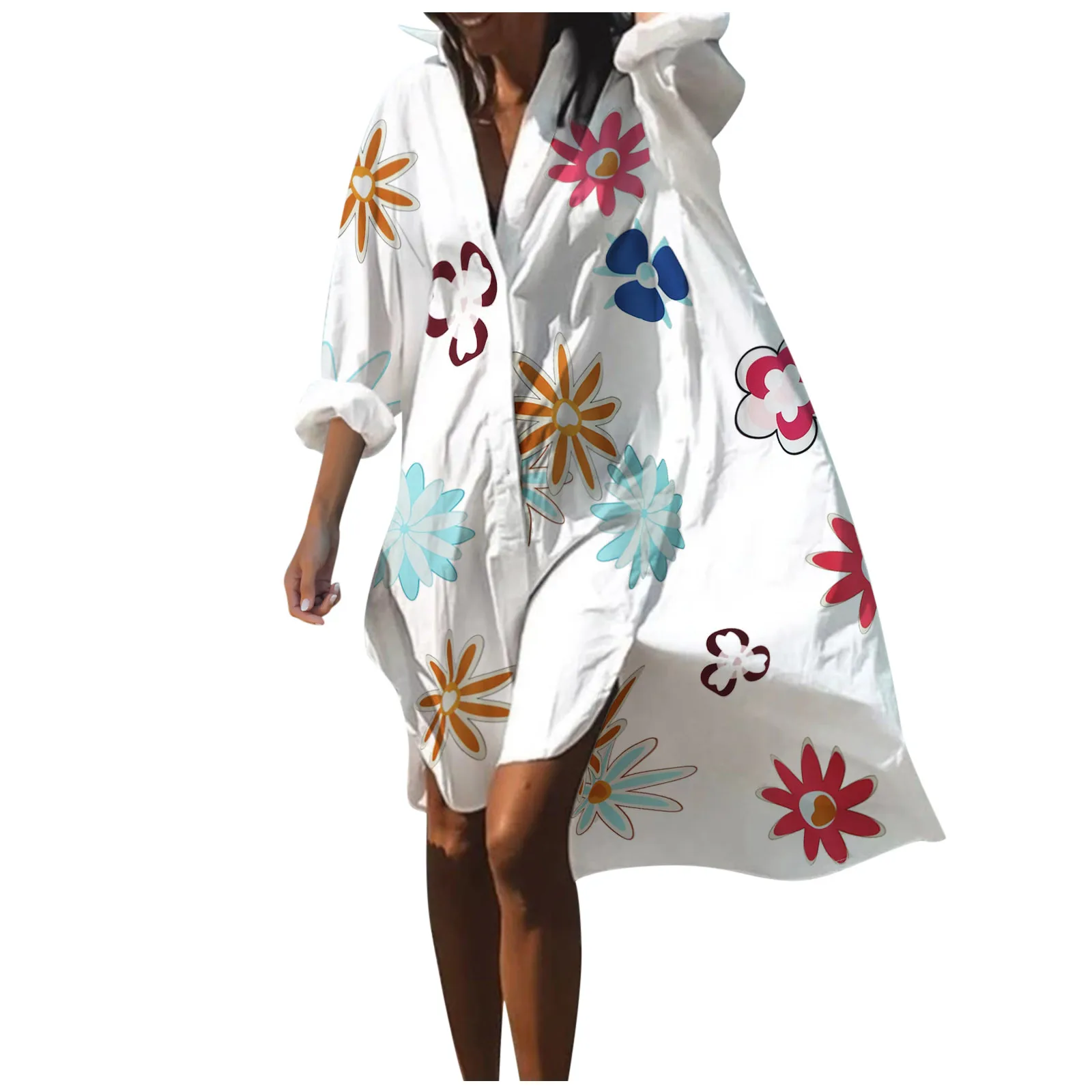 Beach Dress Bikini Cover-Up Women 2023 Bohemian Printed Beachwear Robe V-Neck Long Sleeve Swim Wear Cover Ups Loose SundressVVVV