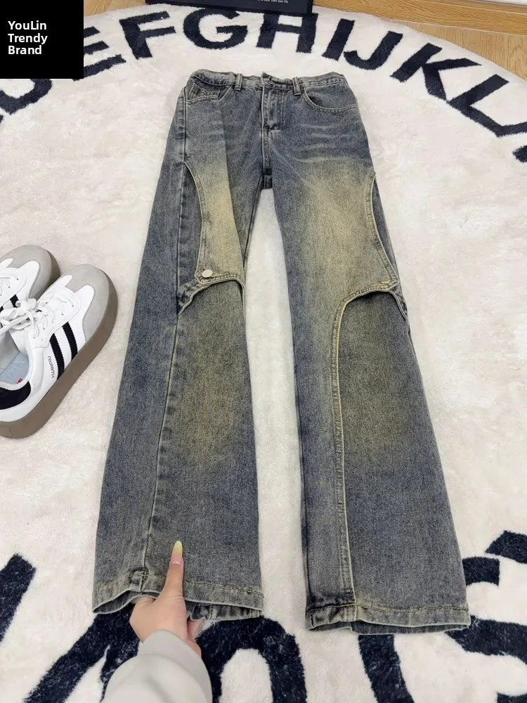 

Мужские джинсы-клеш в стиле ретро, синие, зимние, с эффектом потертости, прямые, повседневные, свободного кроя, из полиэфирного волокна