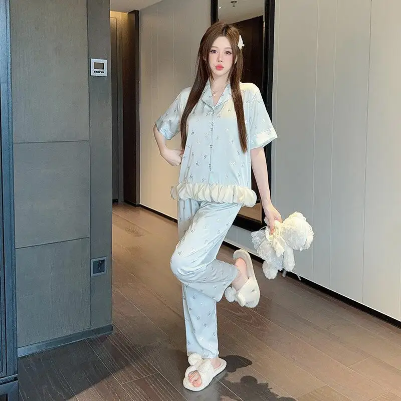 

Элегантный комплект женской пижамы с коротким рукавом и брюками, летний новый стиль, домашняя одежда для девушек с бантом, модные комплекты для стильных девушек