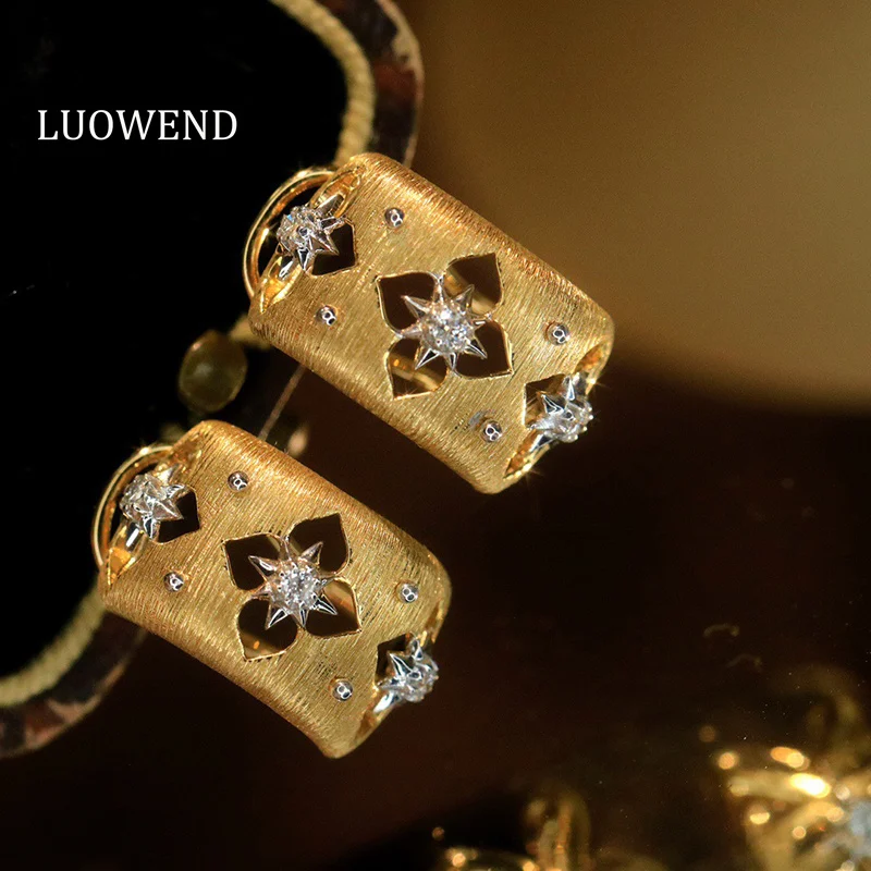 

LUOWEND 100% 18K Yellow Gold Earrings Luxury Vintage Style Real Natural Diamond Hoop Earrings for Women High Party Jewelry