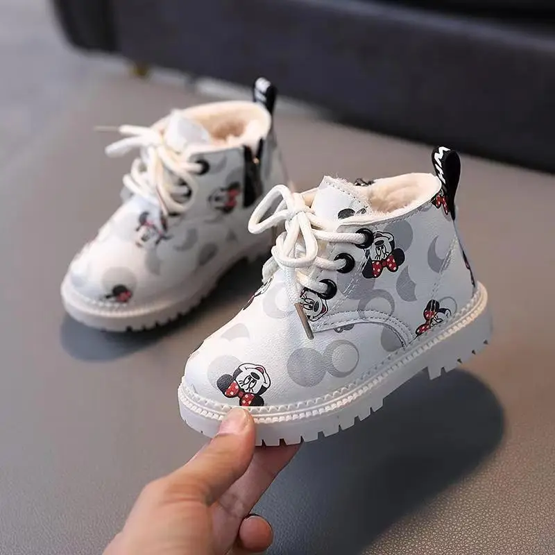 Disney Children\'s Plus Velvet Boots Kids Short Boot Children Leather Boots Cartoon Boys Girls Autumn Winter Cotton Shoes 21-30