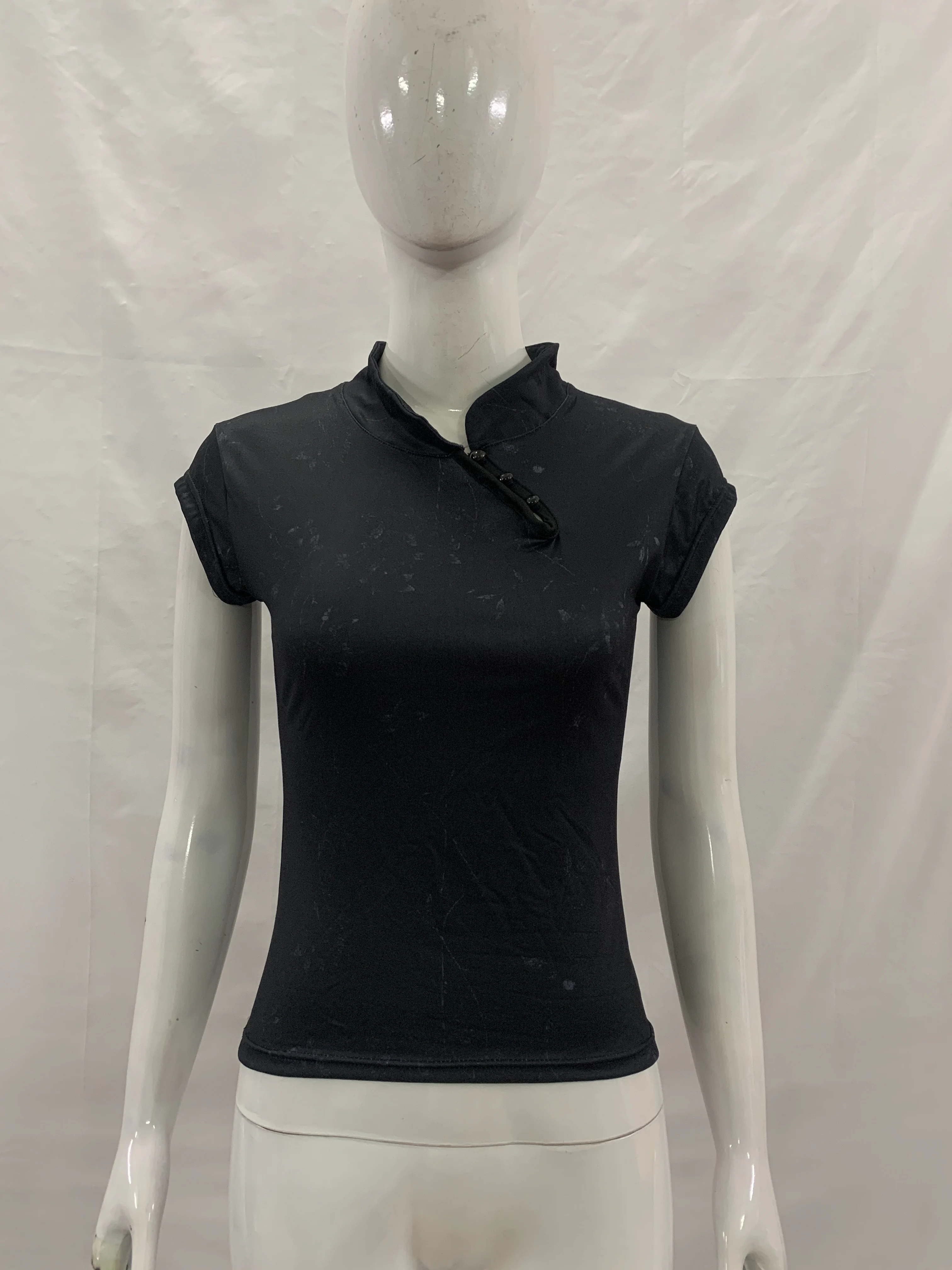 Women Black Qipao Top Chinese Style Mandarin Collar Short Sleeve T-shirt Slim Fit Cheongsam Blouse with Frog Buttons