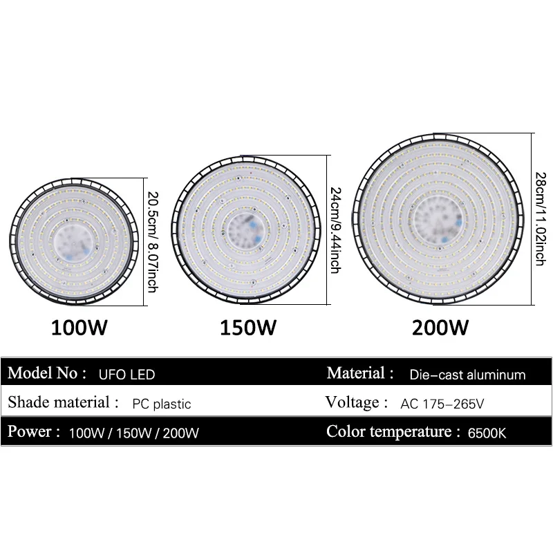 UFO Miner Light 220V White Light Industrial Aluminum Shell Light Warehouse Garage LED Light Super Bright 100W/150W/200W Lighting