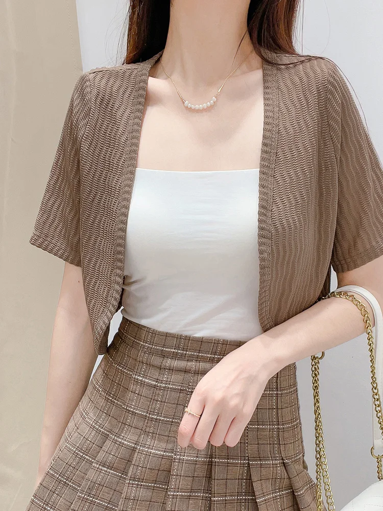 

Корейский короткий вязаный кардиган с кружевом для женщин, летняя дышащая верхняя одежда, накидка с волнистым узором, однотонный, длина рукава до локтя