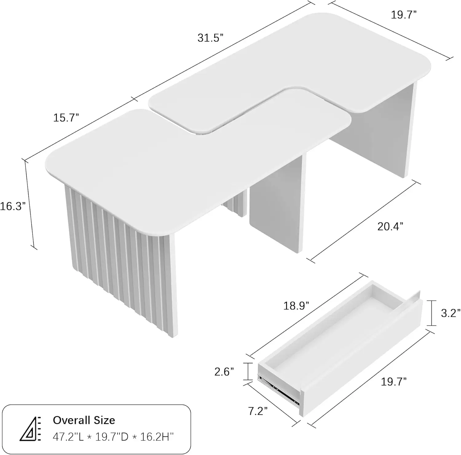 مجموعة طاولات القهوة الحديثة المكونة من قطعتين - خشب هندسي أبيض مع درج تخزين، نمط شريطي عمودي \u0026 زوايا مستديرة #2