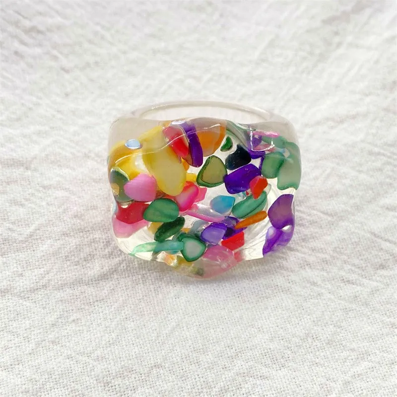 New ins style creative personality resin transparent ring small fresh color gravel wide face exaggerated hand jewelry wholesale