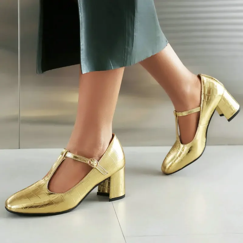 

Shiny Golden Silver Color Round Toe T-strap Shoes for Women Big Size Spring Chunky High Heels Pumps Lady Mary Janes