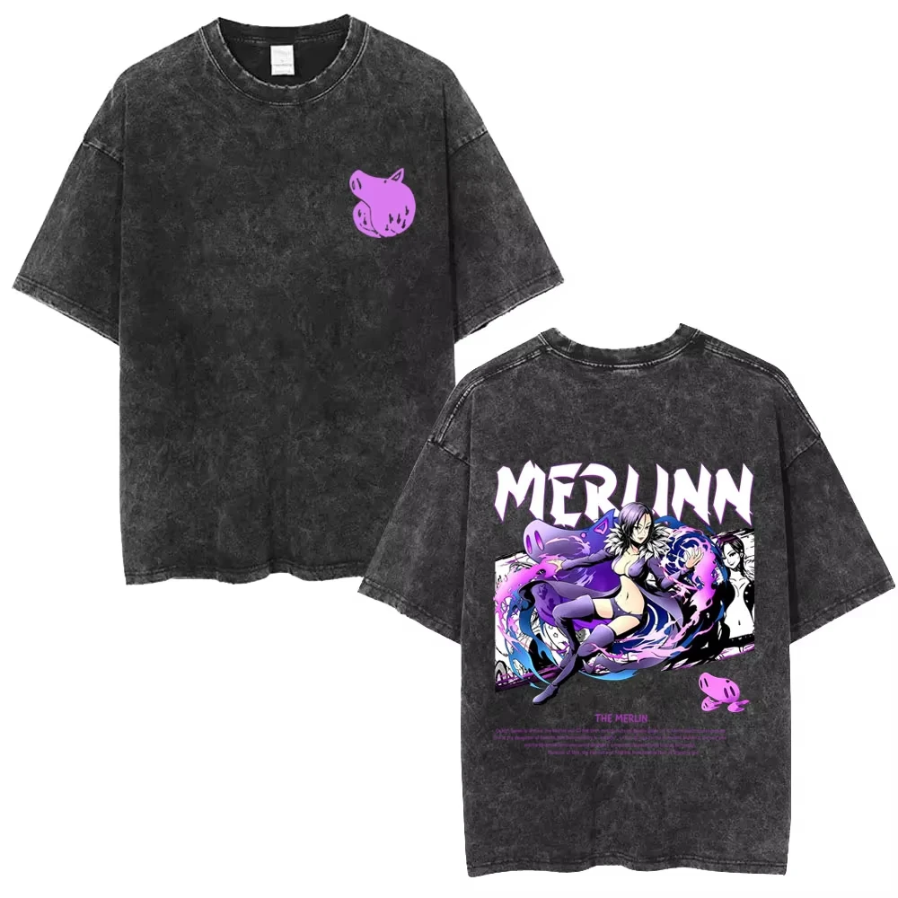 Washed Vintage Anime The Seven Deadly Sins Boar's Sin of Gluttony Merlin T-shirt Men Manga Oversized Graphic Short Sleeve Summer - view 4