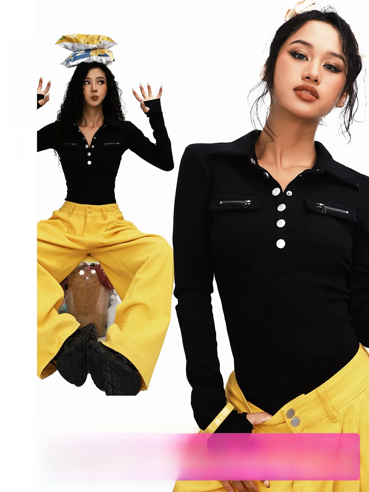 

Slim Fit Long Sleeve T-Shirt Women's Fashionable Hacker Style Casual Cotton Shirt Collar Button up Breathable Sweat Absorbent