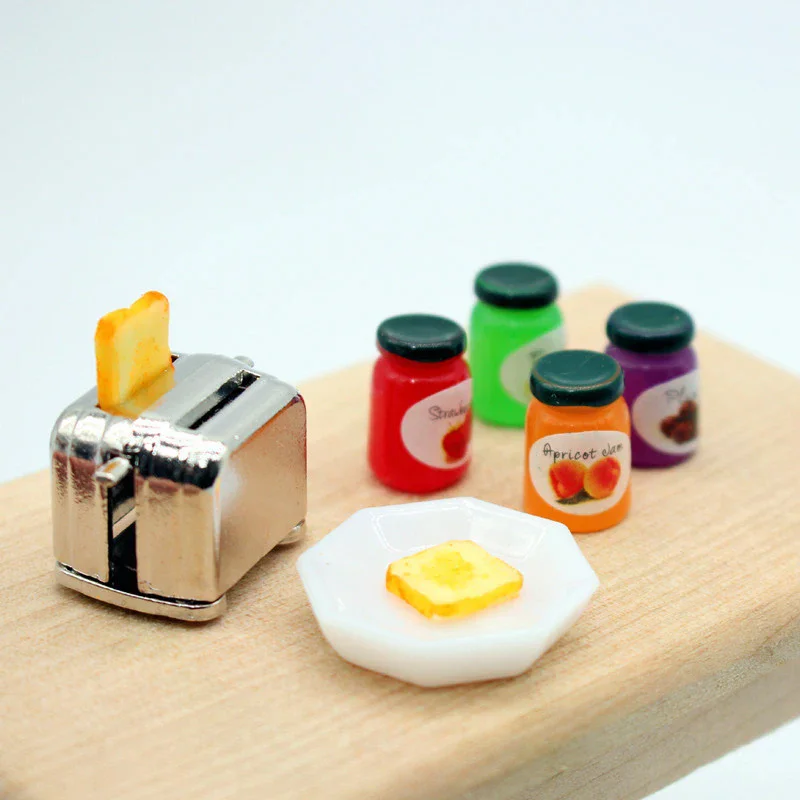 1Set Kitchen Scene Simulation Toys Accessories 1:12 Miniature Dollhouse Bread Machine Bread Jam Dinner Plate Combination Model
