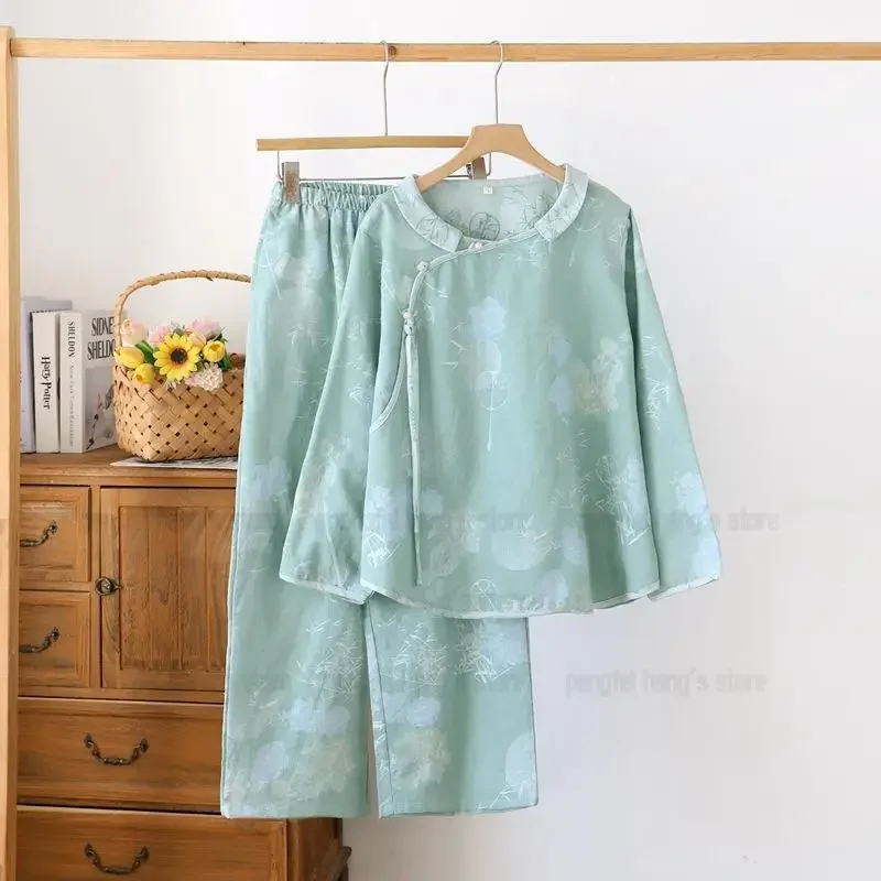 Women Cotton Print Pijamas De Mujer Chinese Style Vintage Button Top Pants Pajamas Set Lingerie Suit Soft Outwear Nightwear