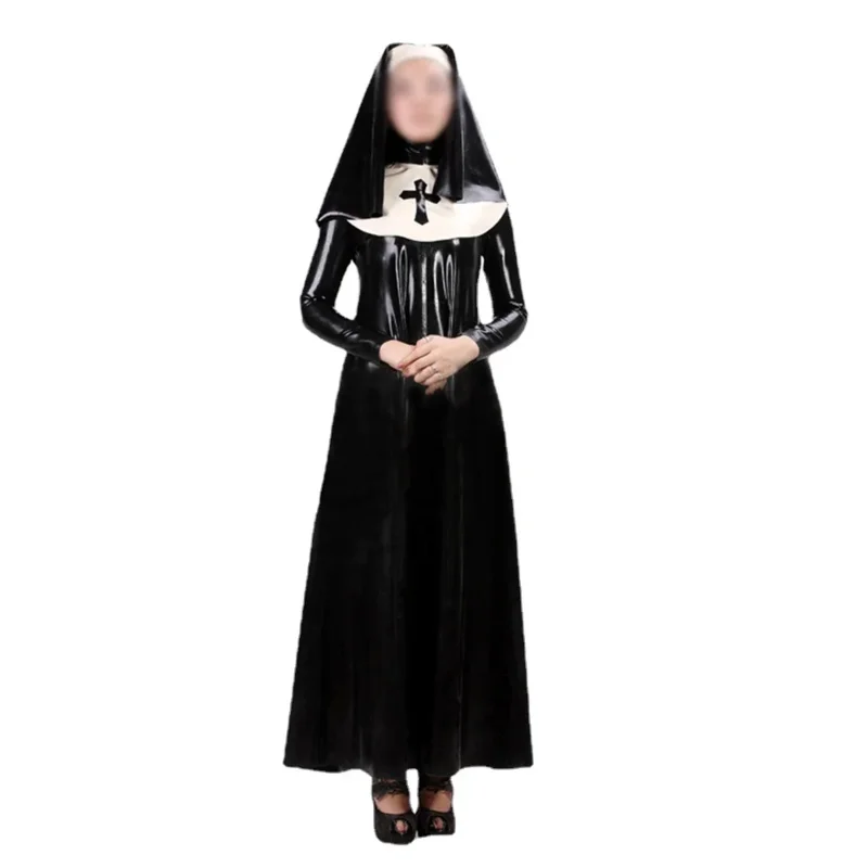 Sexy women nun dress uniform 3 pieces sets wet look PVC faux latex long sleeve maxi dress bib headgear cosplay costume s-7xl