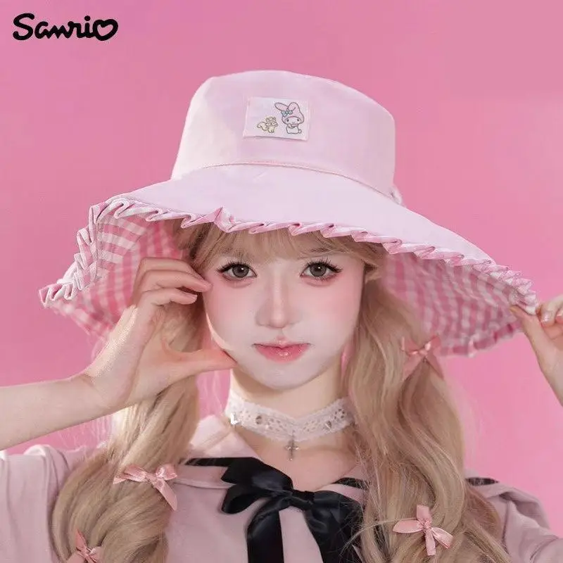

Sanrio Authentic Fisherman's Hat Hello Kitty Kawaii Sunshade Hat Big Brim Upf+++ Cartoon Leisure Embroidery Lattice Hat Hat