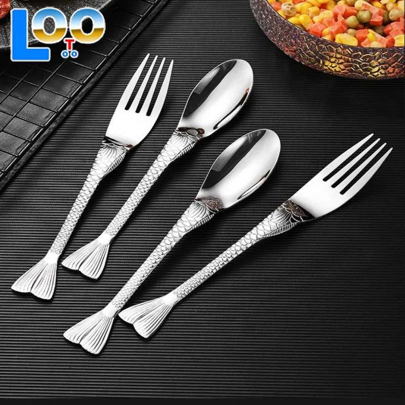 2 個ステンレス鋼クリエイティブフィッシュテールダイニングスプーンフォーク食べるスプーン顔子供フォークデザートフルーツフォーク食器セット