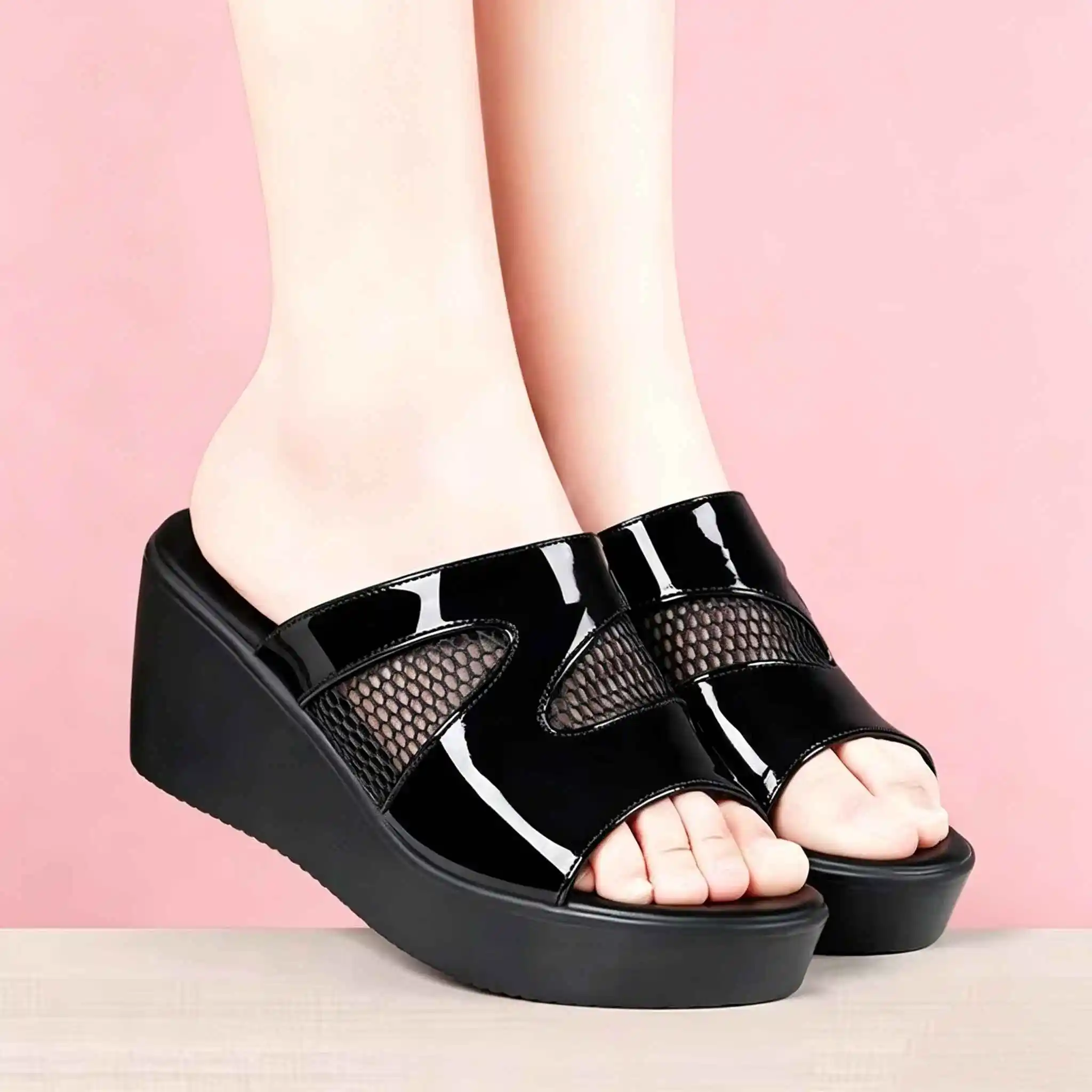 6cm New Thick Bottom Mesh Leather Slippers Platform Shoes Summer 2025 Summer Med Heels Wedges Slides for Office Mom Beach
