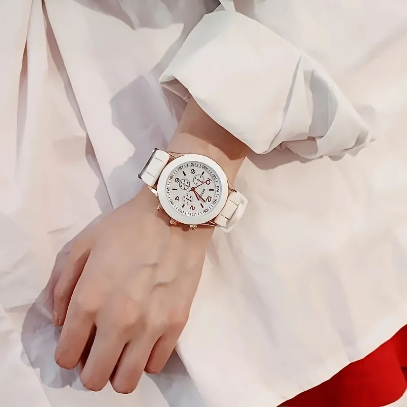 White Elegant Round Quartz Watches Simple Casual Women Silicone Strap Wrist Watches