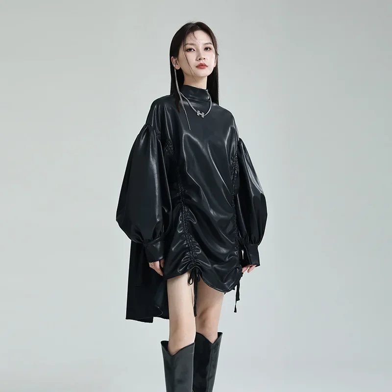 

SuperAen New Design Irregular Drawstring Stand Collar Cape Dress 2023 PU Leather Lantern Sleeve Puffy Dress