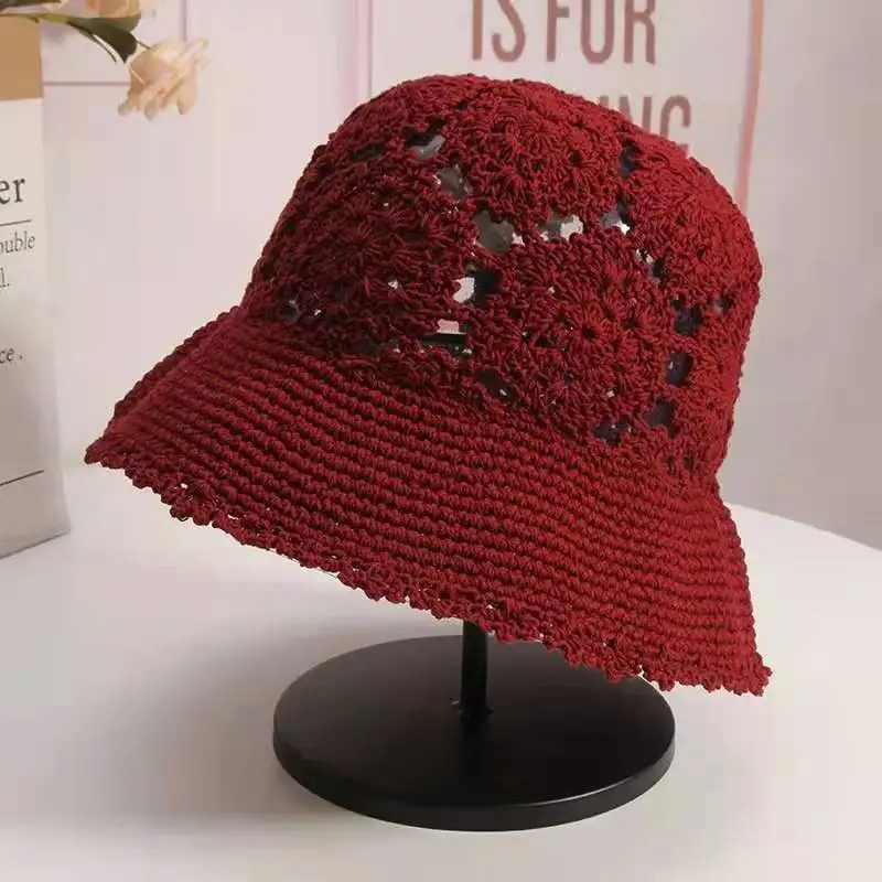 Women\'s knitted hat spring and summer gradient color handmade crochet flower toe cap hat retro beauty elegant hollow bucket hat