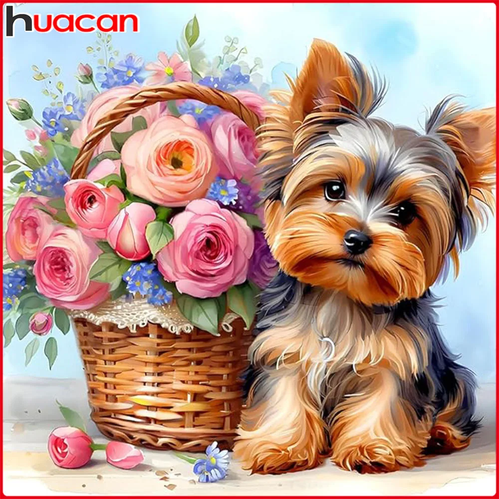 Huacan Vollquadrat Rundes Diamantgemälde Hund Rose Diamant Mosaik Tier Blume Neues 2025, Bastelset