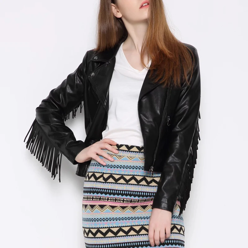 Jaket Kulit PU Bla Metalik dengan Ritsleting Pinggiran Slim Fit Panjang Sve Pakaian Luar Faion Wanita Keluaran Baru Musim Gugur