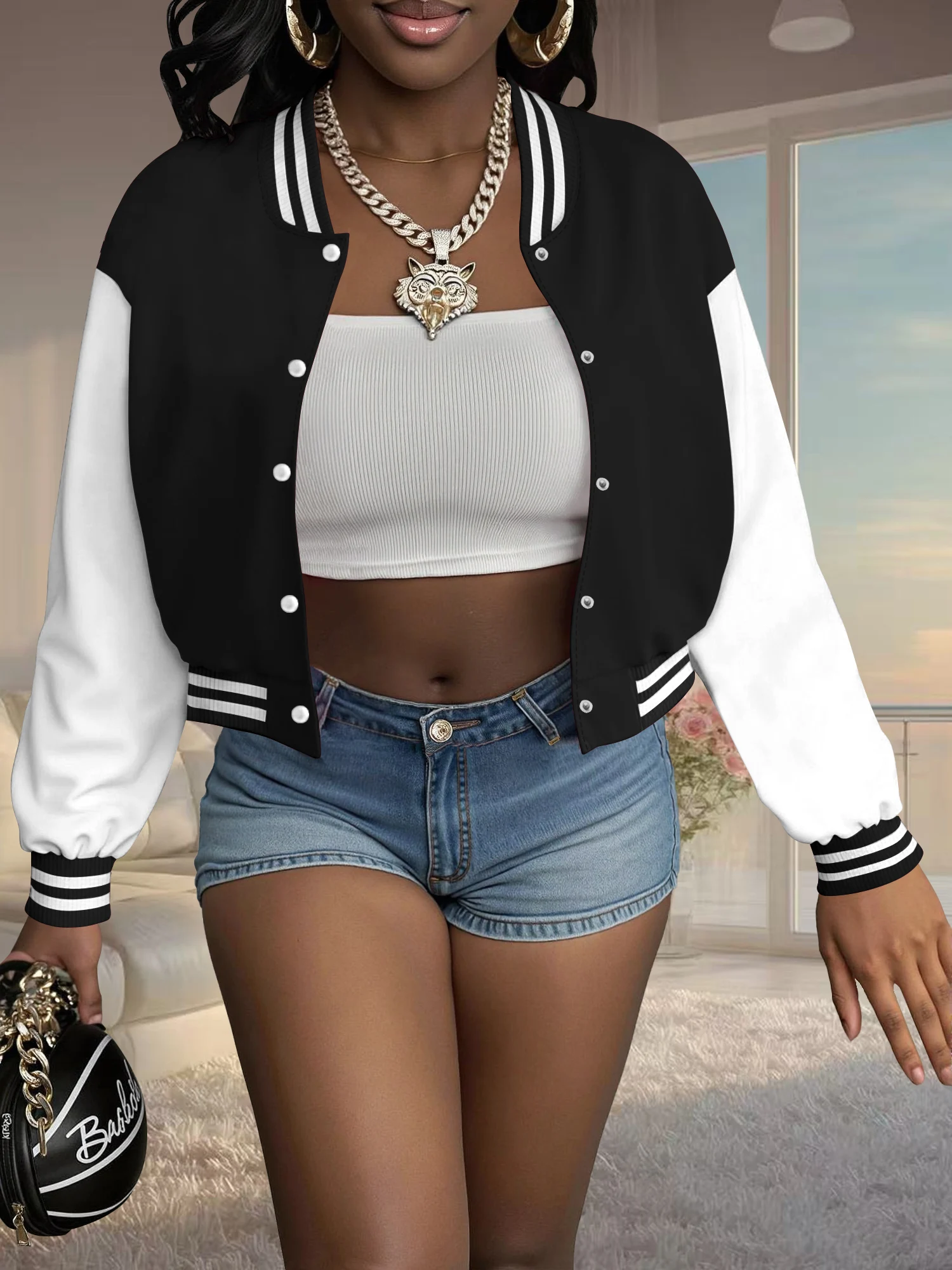 

Everyday Casual Cropped Varsity Jacket, Lightweight Baseball Bomber for Brunch, Errands & Weekend Trips