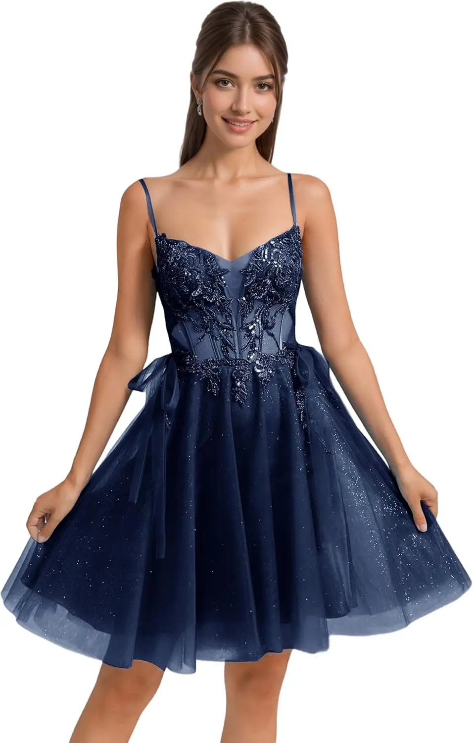 Robes de soirée à paillettes, avec des Appliques en dentelle, robes de bal courtes pour femmes, bretelles Spaghetti, robe de Cocktail en Tulle