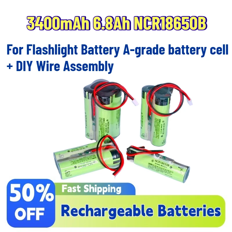 High-Quality 7.8V 3400mAh 6.8Ah NCR18650B 3.7V Lithium Battery for Flashlight Battery A-grade battery cell + DIY Wire Assembly