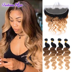 Brazilian Body Wave Hair Bundles With Frontal Color 1B/30/27 Ombre Honey Blonde Human Hair Bundles With Frontaly Remy Hair