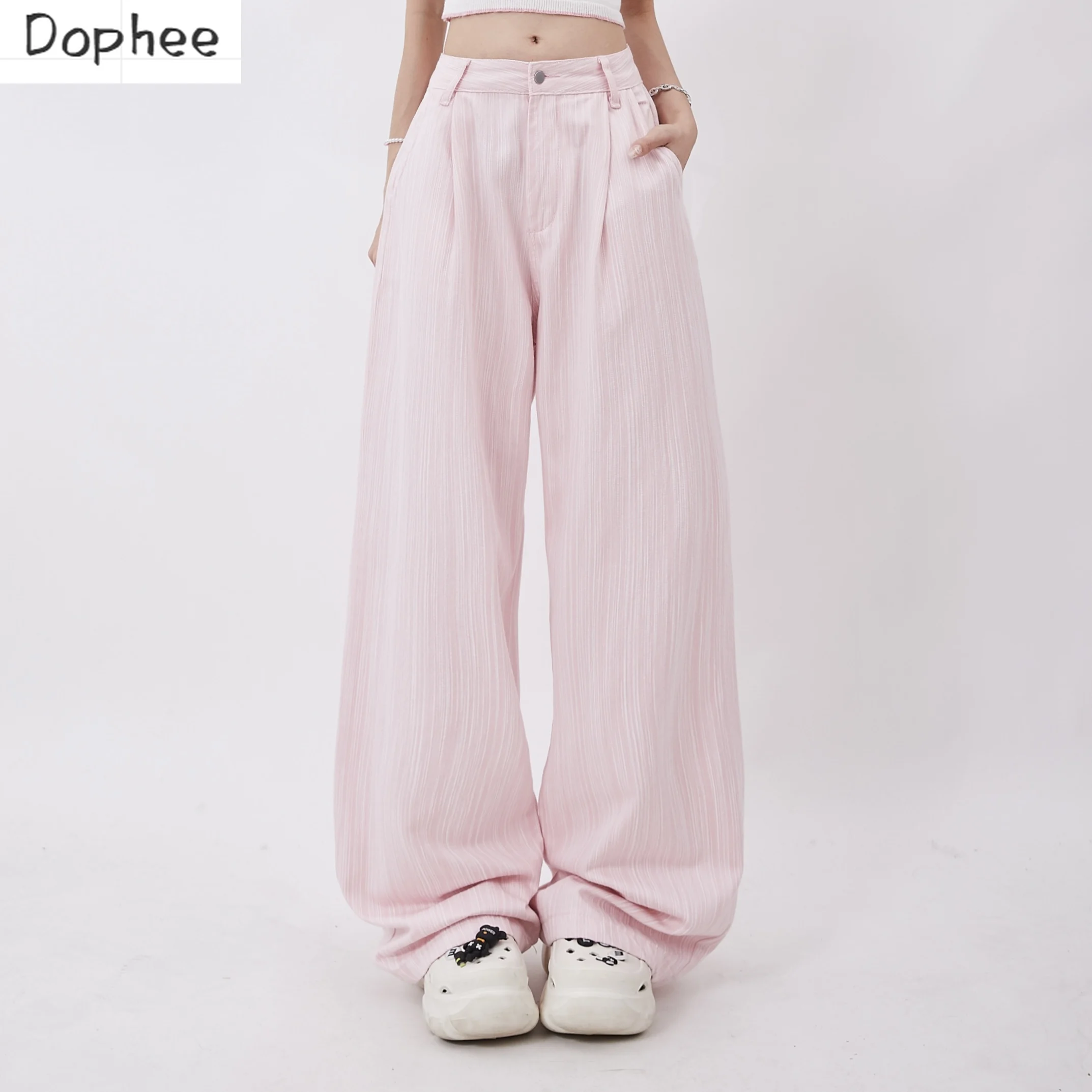 

Dophee Pink Denim Pants for Women New Autumn Vertical Stripe Loose Staight Jeans All-match Casual Students Wide Leg Trousers