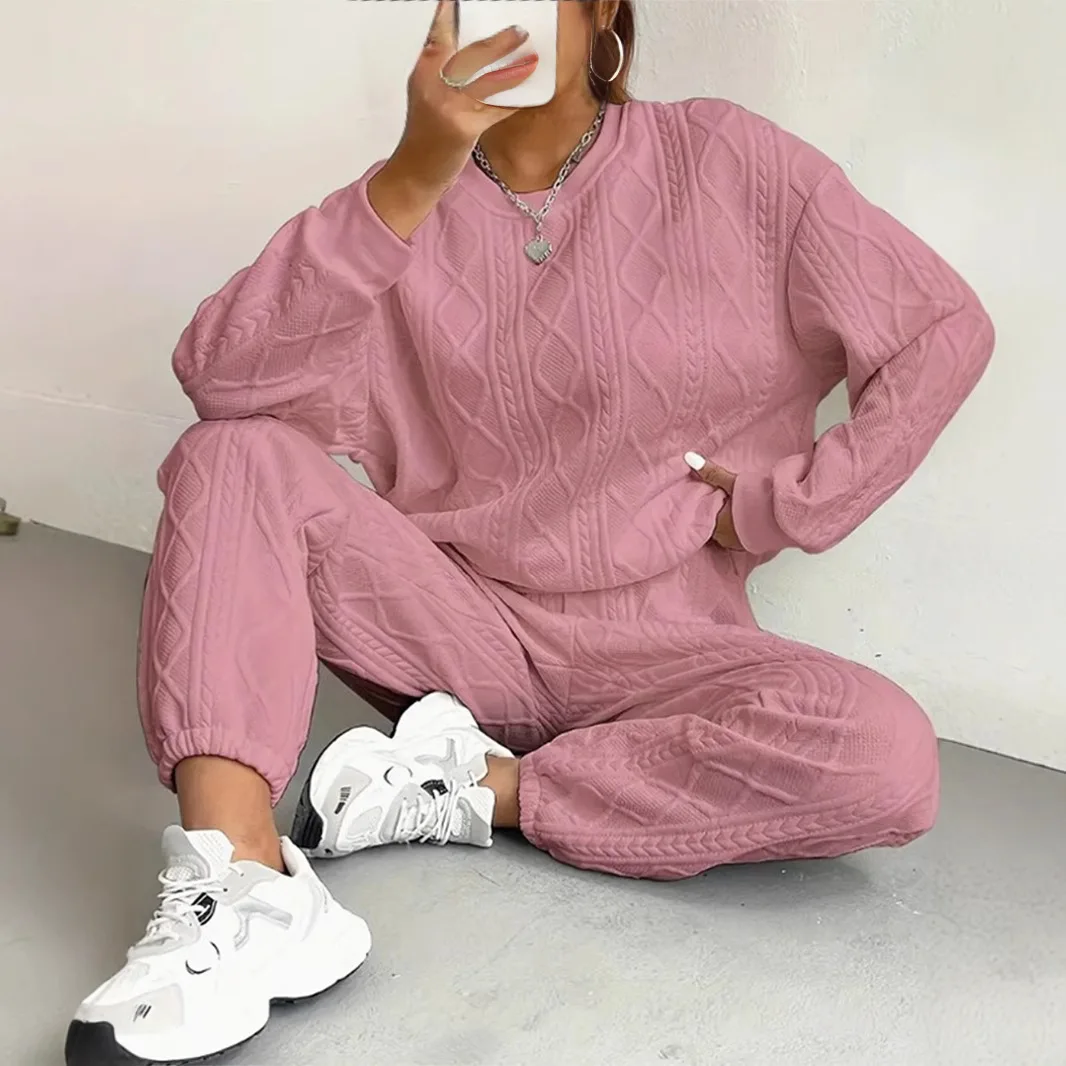 Autumn Winter Women's Textured Cable Knit 2 Piece Set O Neck Long Sleeve Sweatshirt Elastic Cuff Jogger Pants Casual Daily Suit