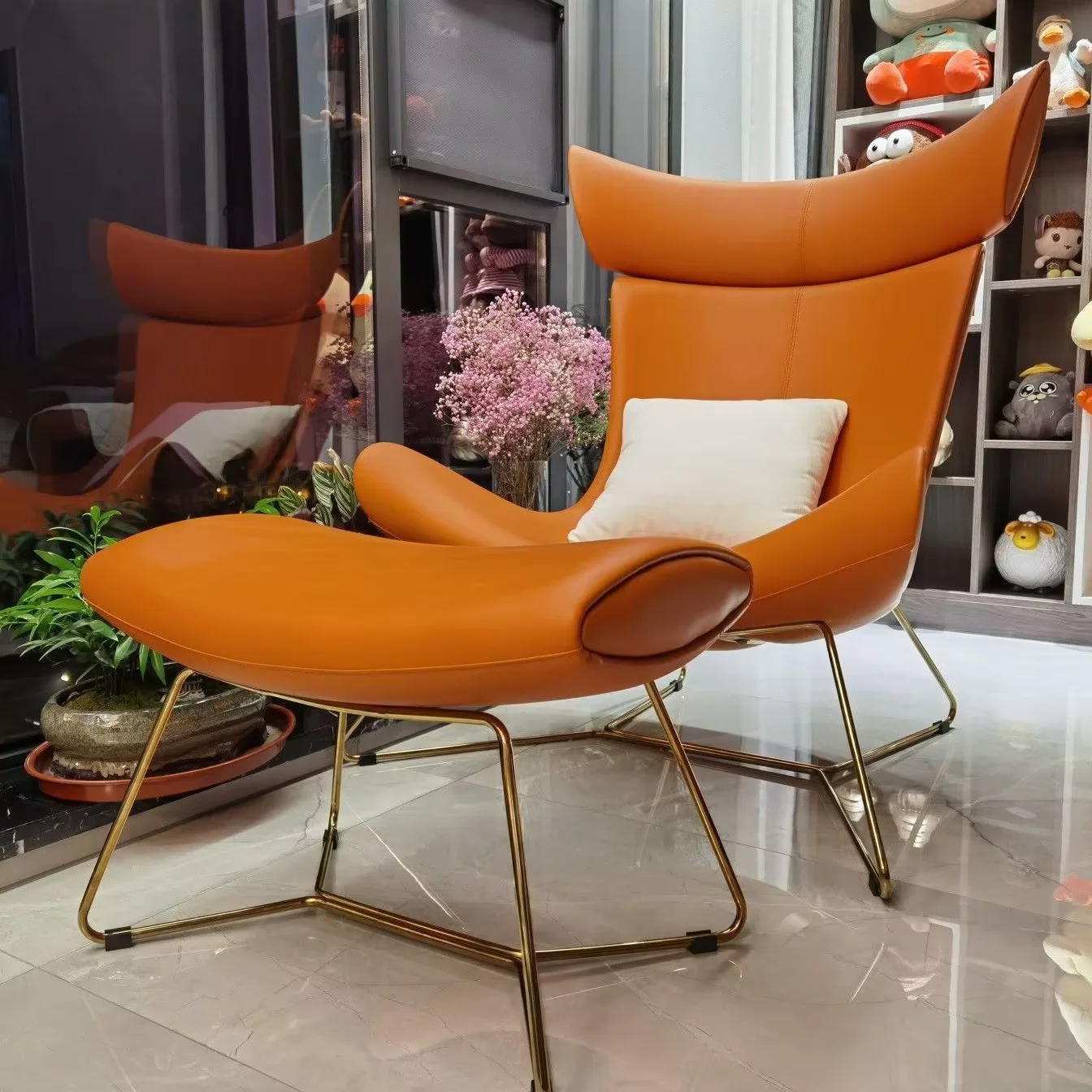 Moderner Übergroßer Orangefarbener Leder-Relaxsessel mit Hocker-Set Komfortables Wohnmöbel Freizeit-Loungesessel
