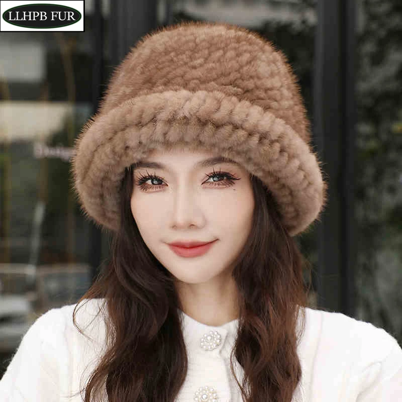 Real Mink Fur Hat For Women Winter Keep Warm 100% Genuine Mink Fur Bucket Hats Lady Luxury Natural Knitted Real Mink Fur Caps